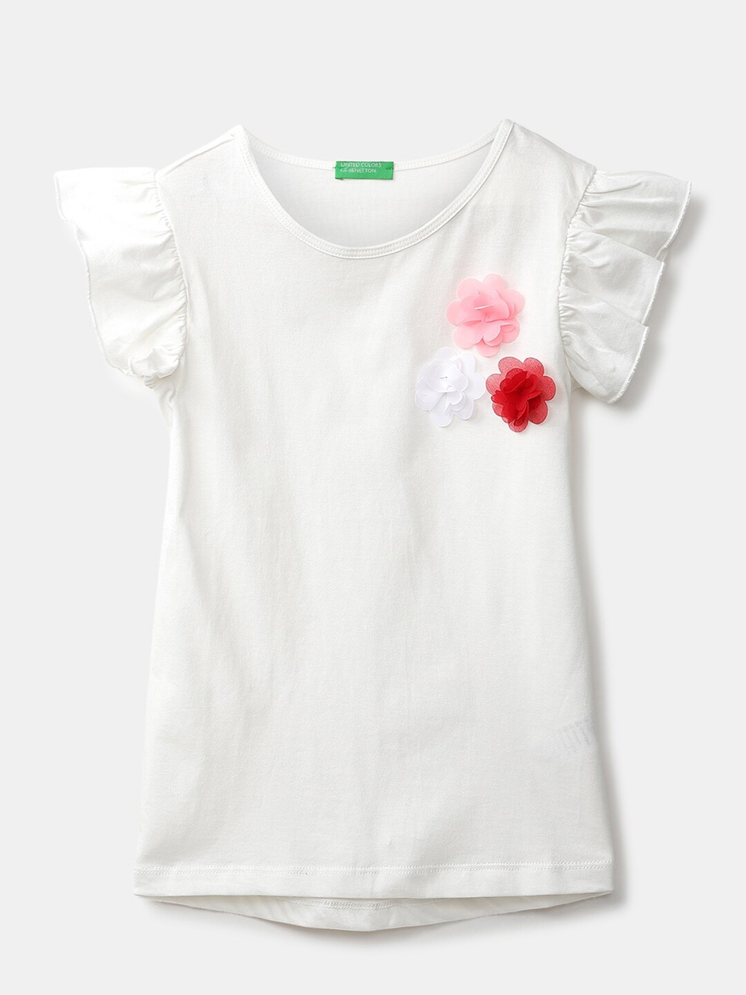 

United Colors of Benetton Girls White & Red Floral Applique Pure Cotton Top