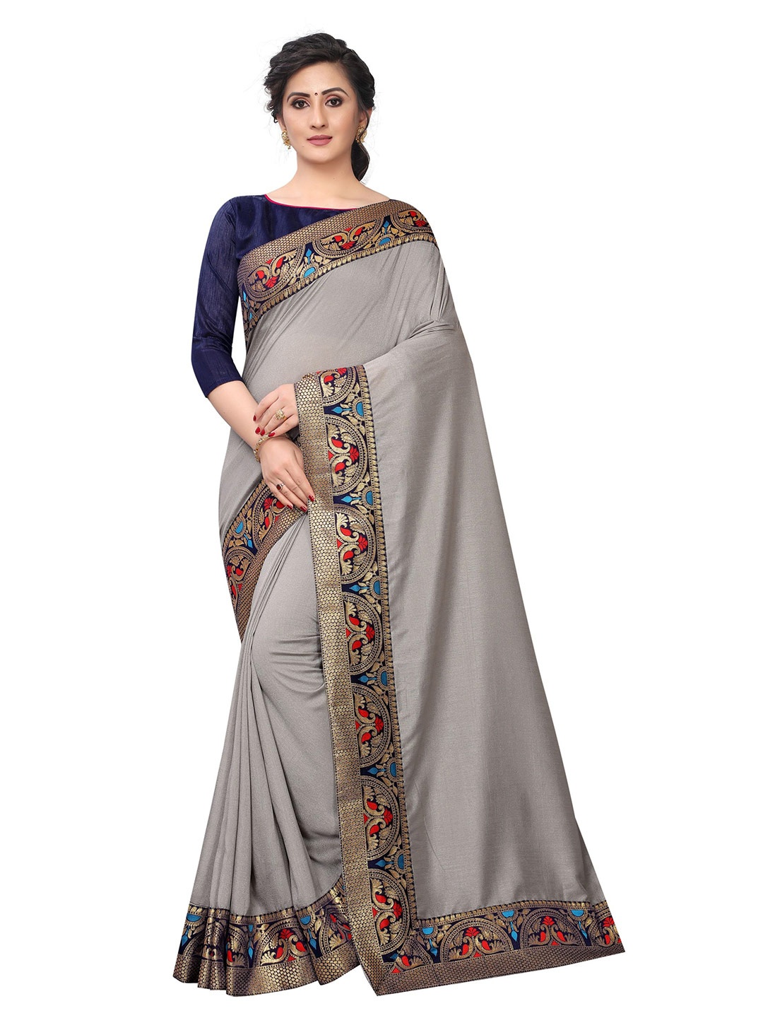 

B4ME COM Grey & Blue Zari Silk Cotton Mysore Silk Saree