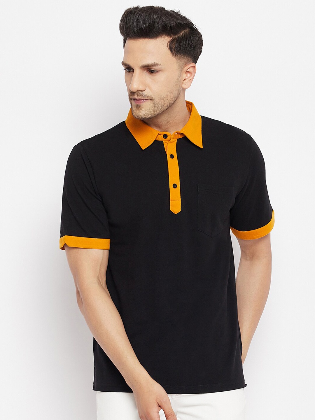 

Hypernation Men Black Polo Collar T-shirt