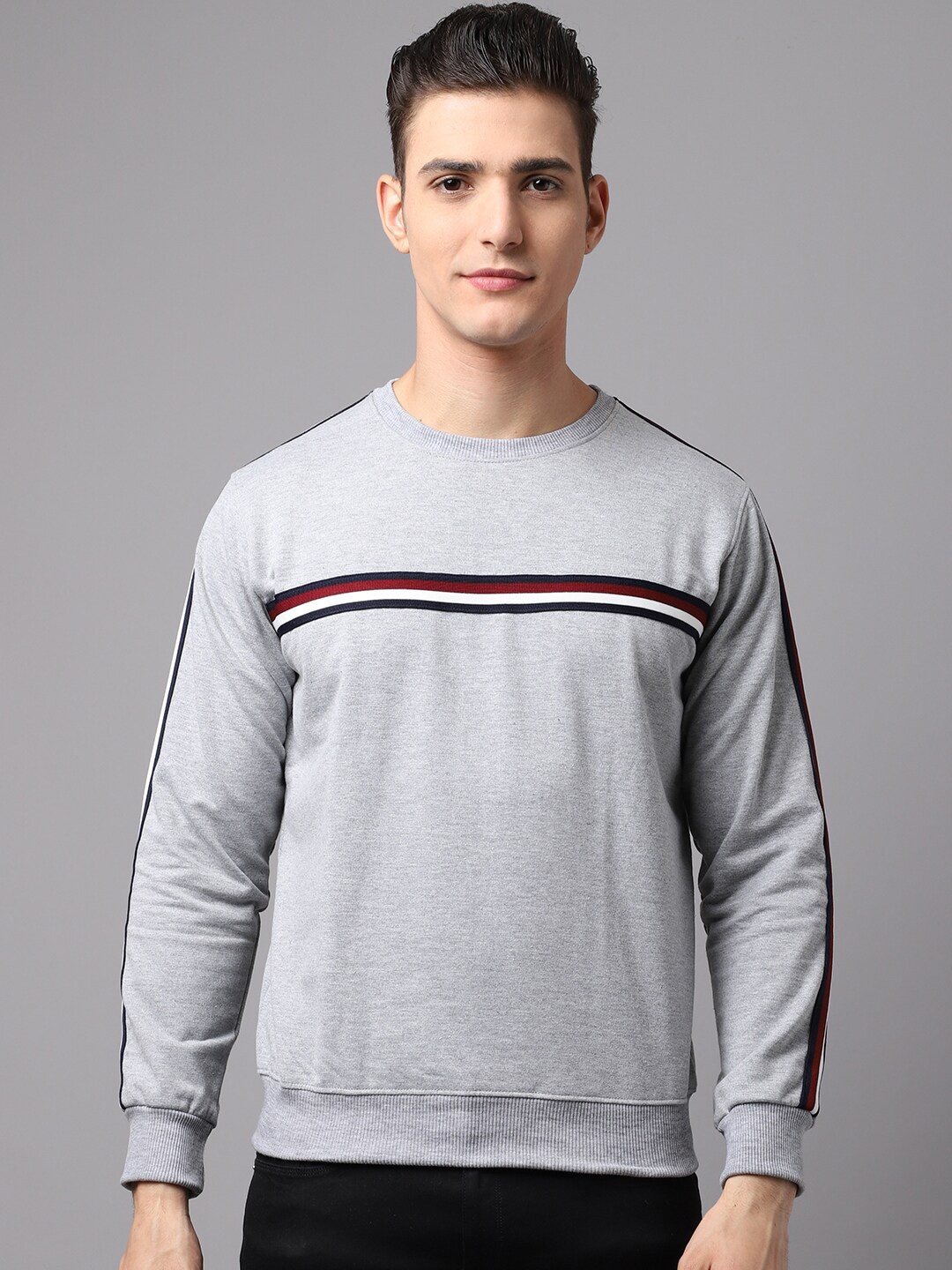 

Obaan Men Grey Striped Fleece Pullover Sweatshirt