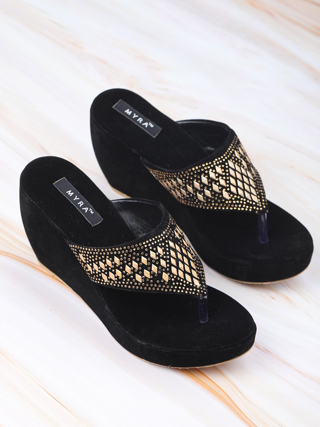 

Myra Black Embellished Suede Wedge