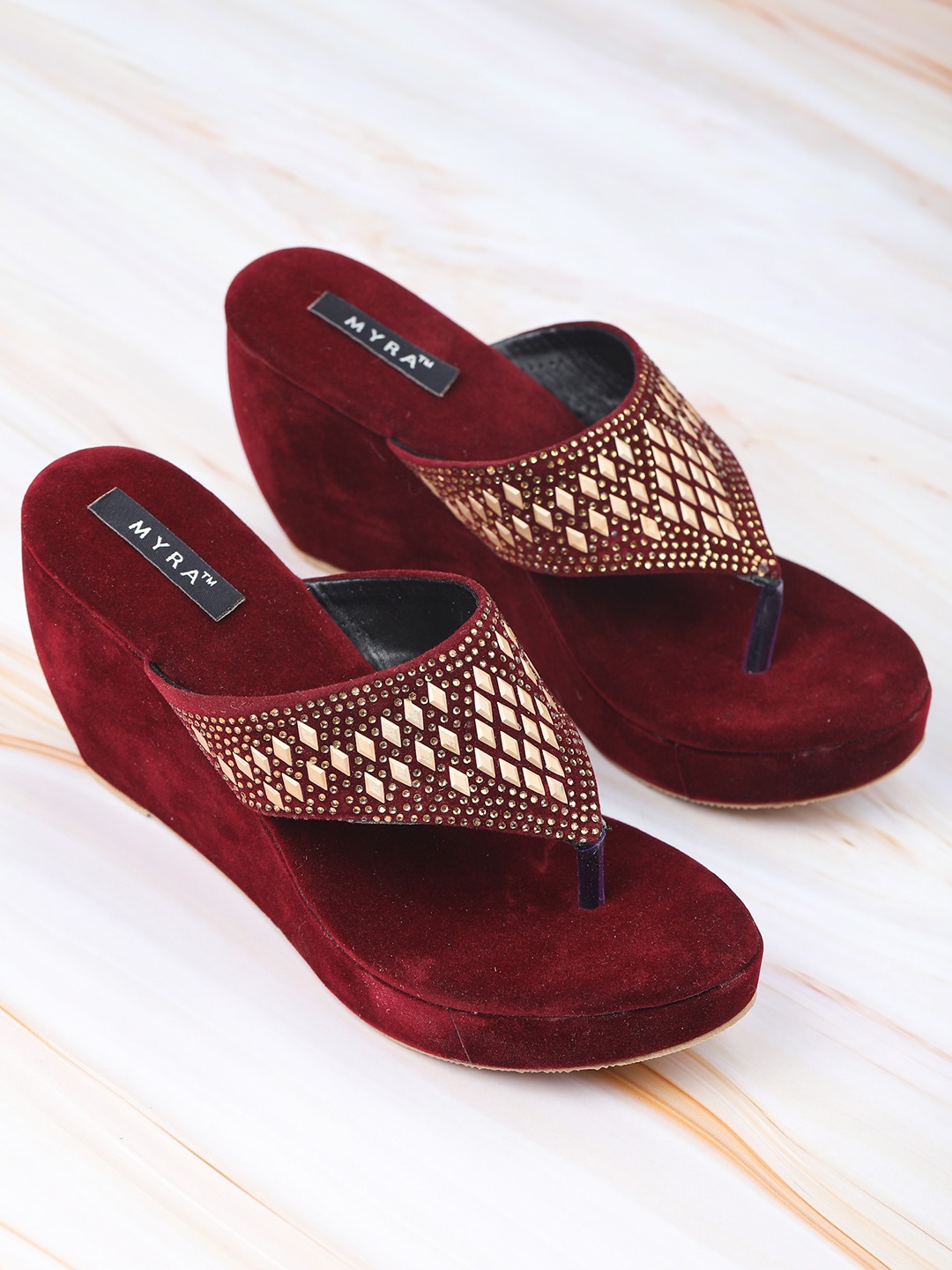 

Myra Maroon Embellished Suede Wedge