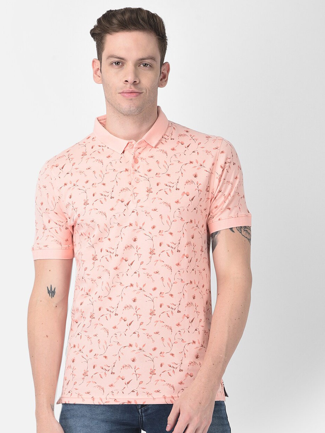 

Crimsoune Club Men Pink Floral Printed Polo Collar Slim Fit T-shirt