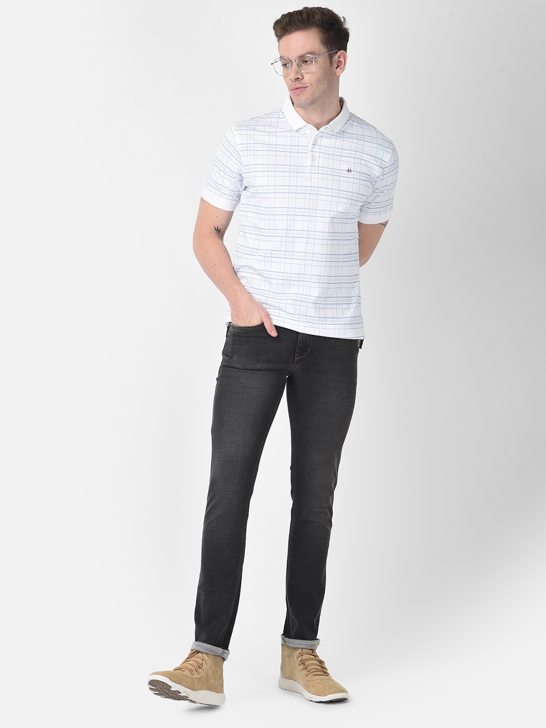 

Crimsoune Club Men White Checked Polo Collar Slim Fit T-shirt