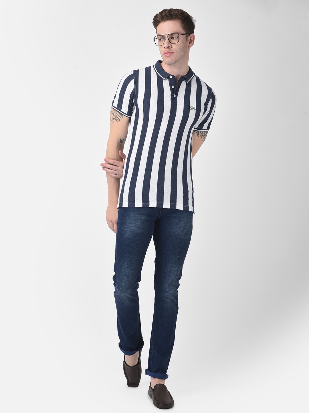 

Crimsoune Club Men Navy Blue Striped Polo Collar Slim Fit T-shirt