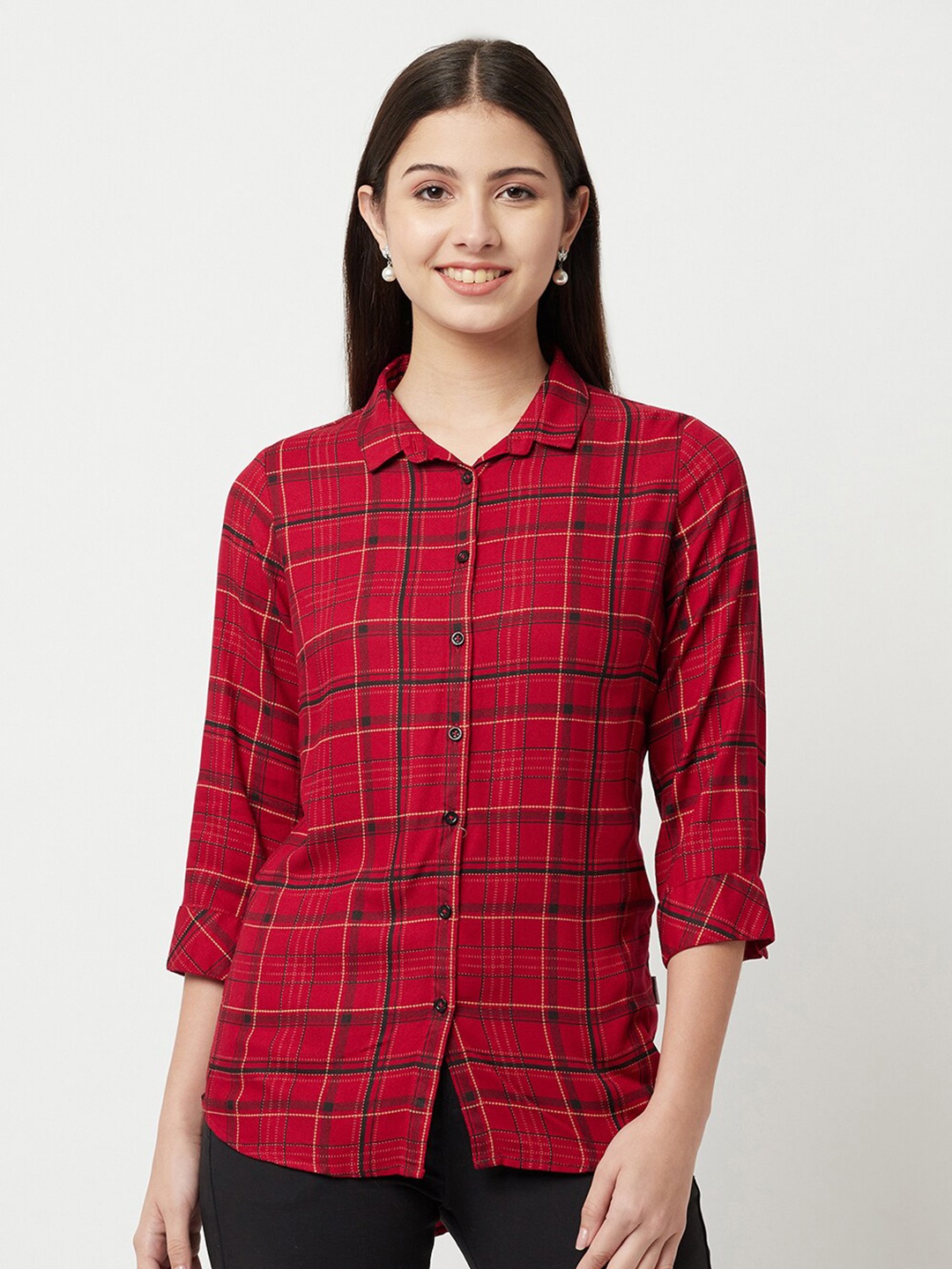 

Crimsoune Club Women Red Slim Fit Checked Casual Shirt