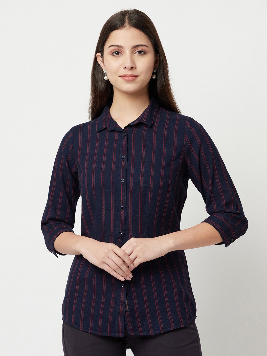 

Crimsoune Club Women Navy Blue Striped Cotton Slim Fit Casual Shirt