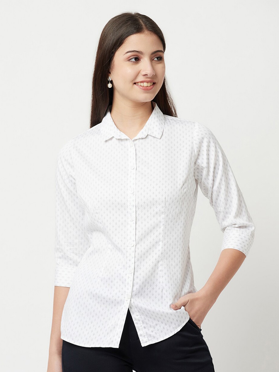 

Crimsoune Club Women White Printed Cotton Slim Fit Casual Shirt