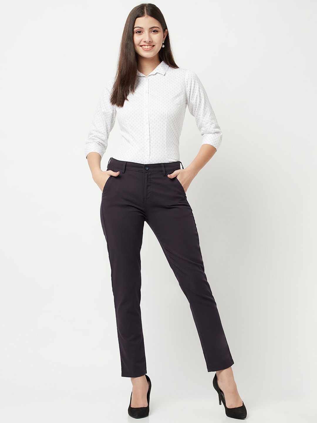 

Crimsoune Club Women Navy Blue Urban Slim Fit Cotton Trousers