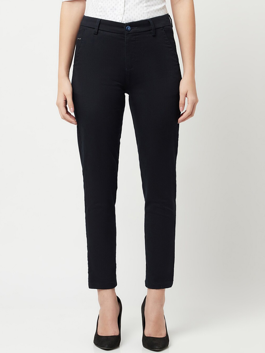 

Crimsoune Club Women Navy Blue Cotton Urban Slim Fit Trousers