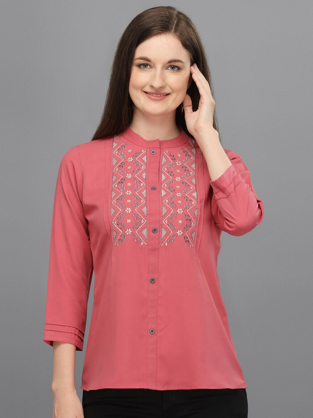 

Prettify Women Pink Floral Embroidered Mandarin Collar Shirt Style Top