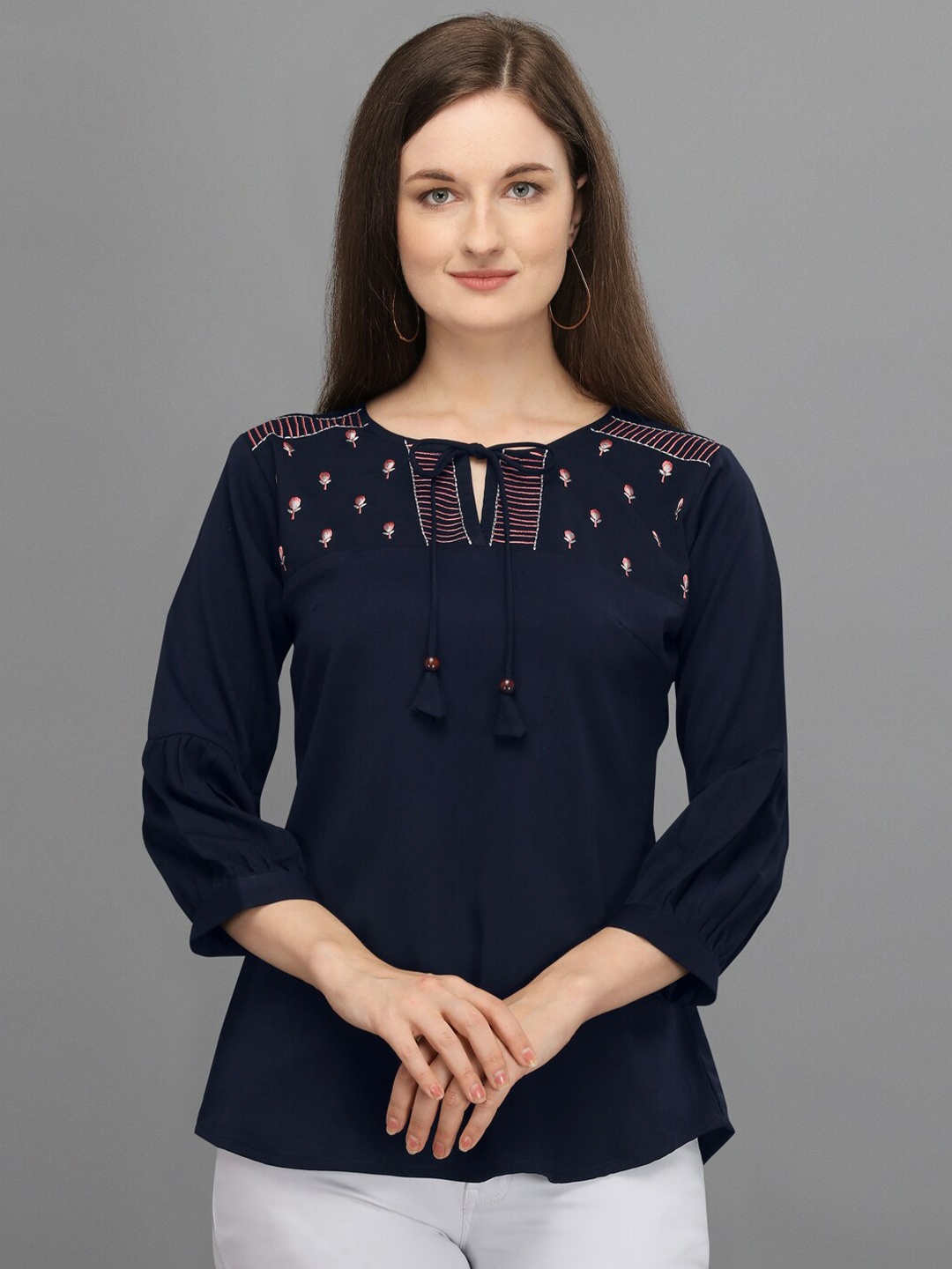 

Prettify Blue Geometric Print Tie-Up Neck Top