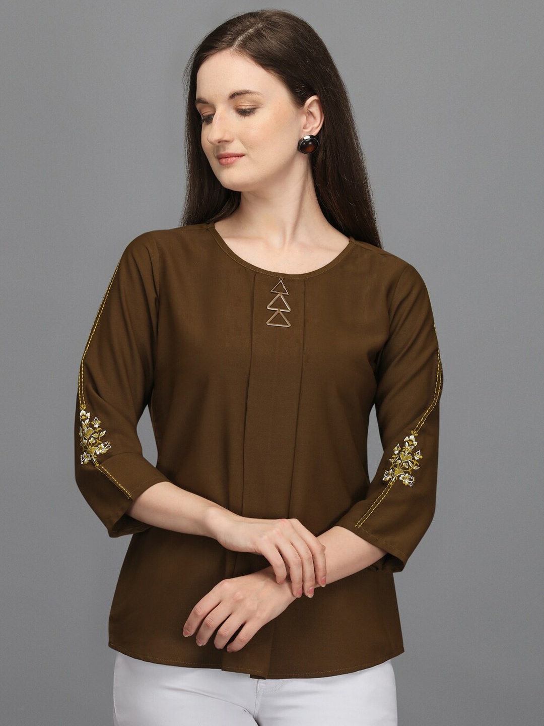 

Prettify Brown Floral Embroidered Top