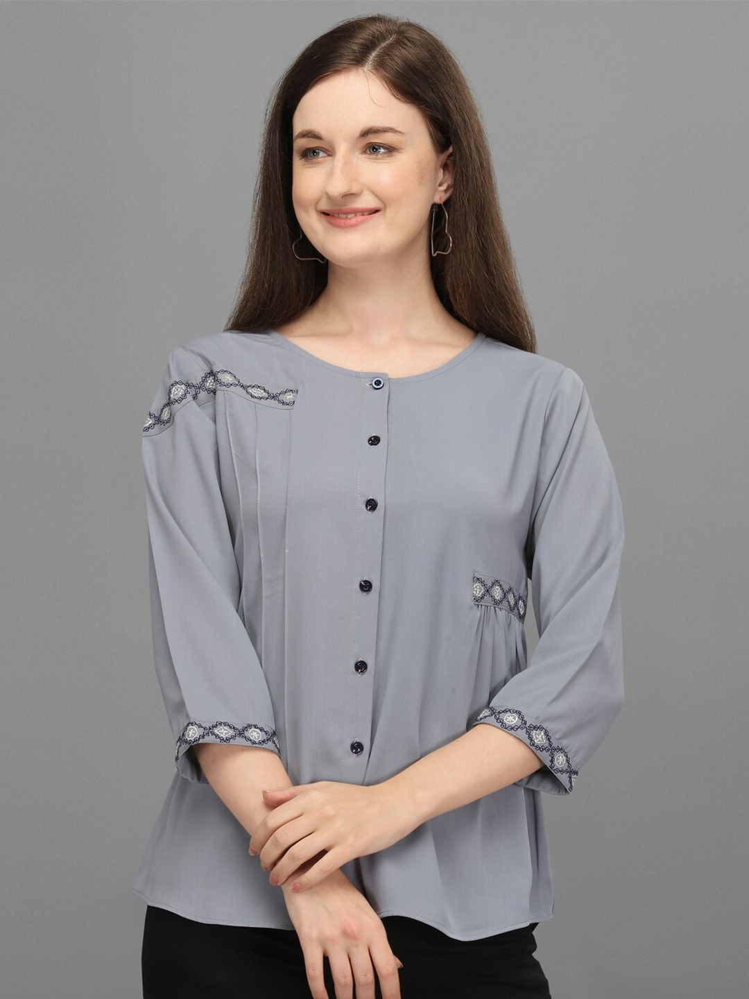 

Prettify Women Grey Geometric Embroidered Bishop Sleeves Polyester Top