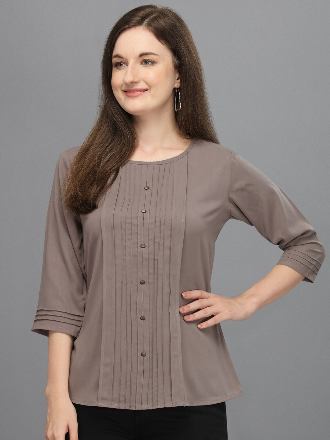 

Prettify Women Grey Solid Polyester Shirt Style Top