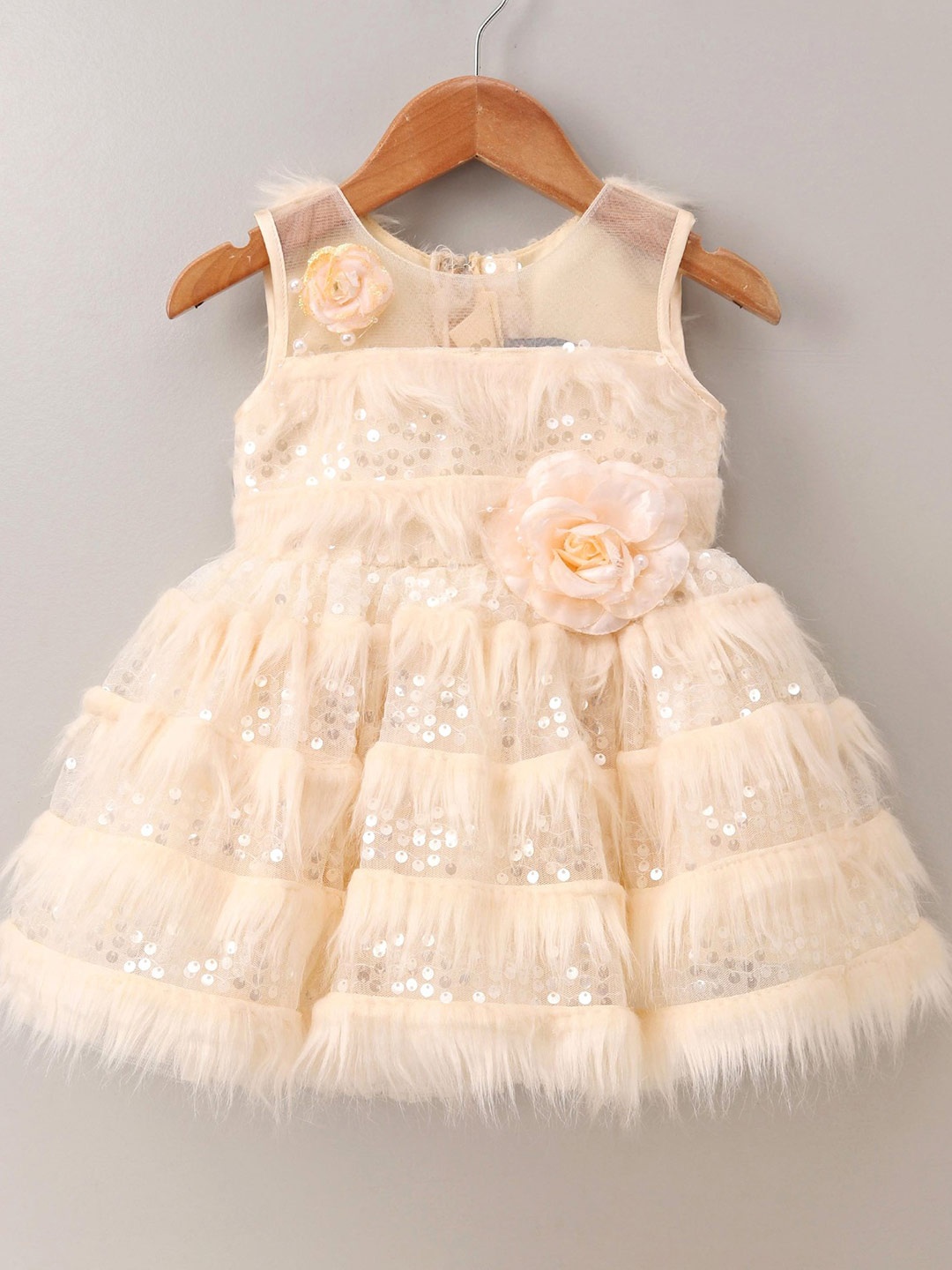 

Enfance Girls Peach Embellished Fit and Flare Net Dress