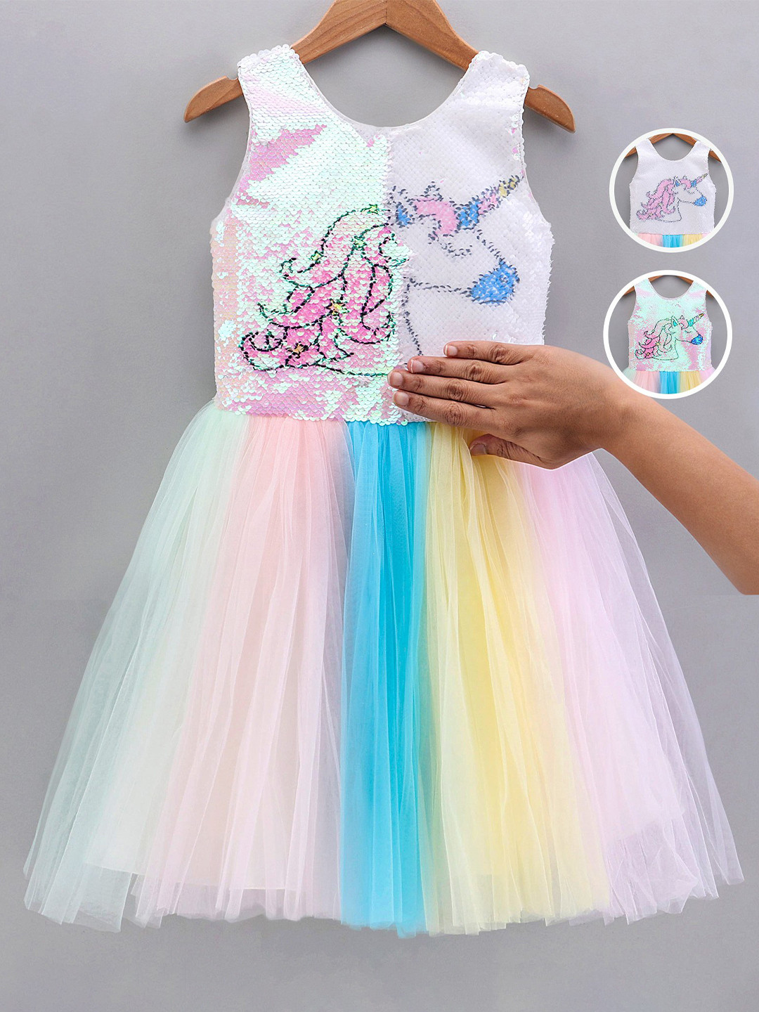 

Enfance Girls Multicolor Self Designed Fit and Flare Net Dress, Multi