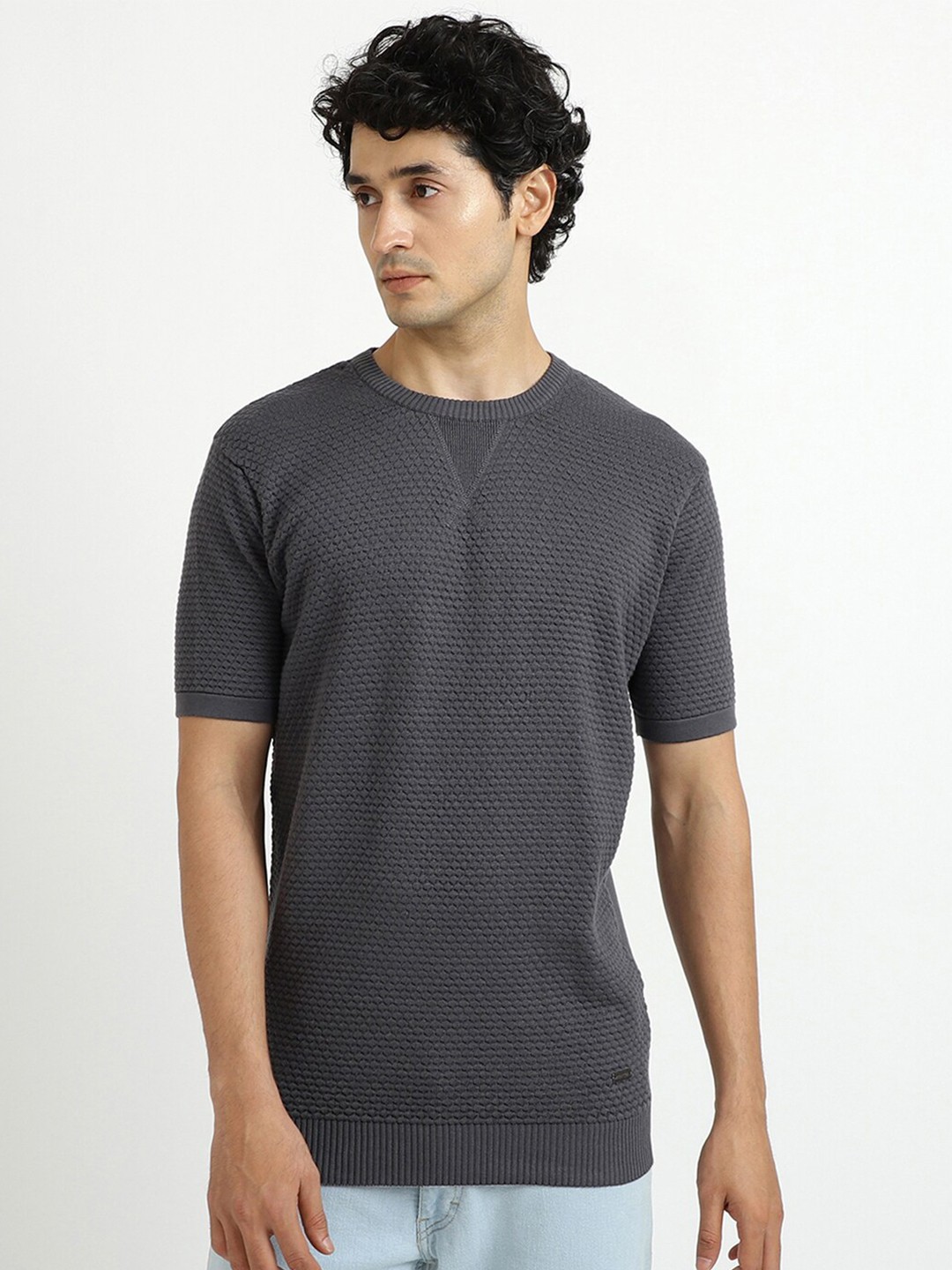 

United Colors of Benetton Men Grey Self Design Cotton Pullover