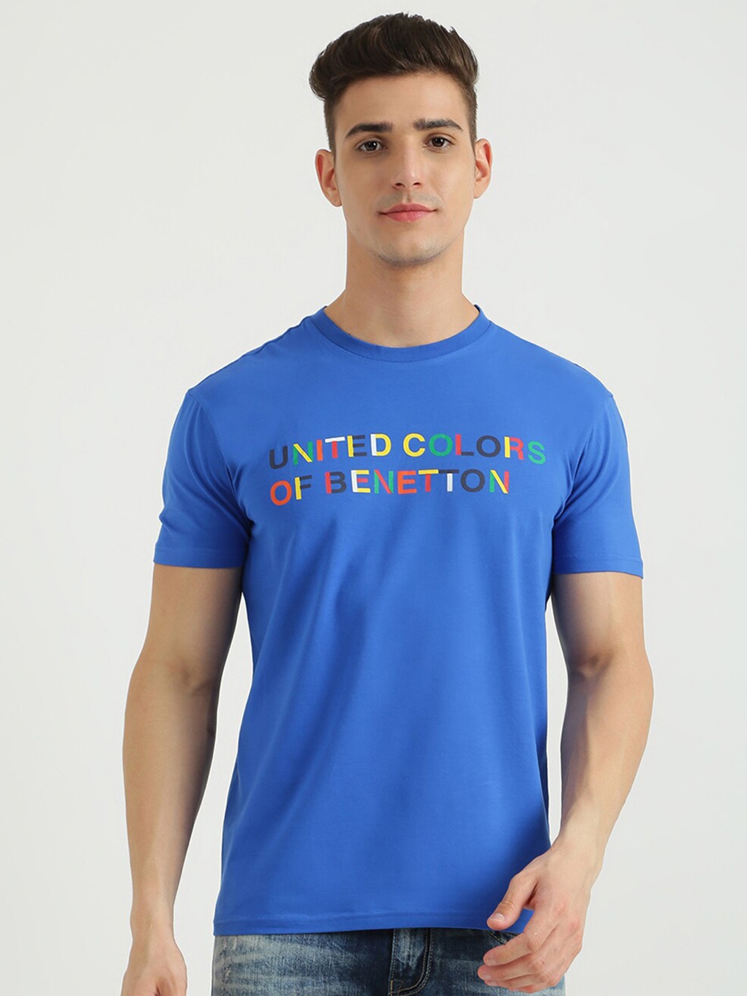

United Colors of Benetton Men Blue Typography Printed T-shirt