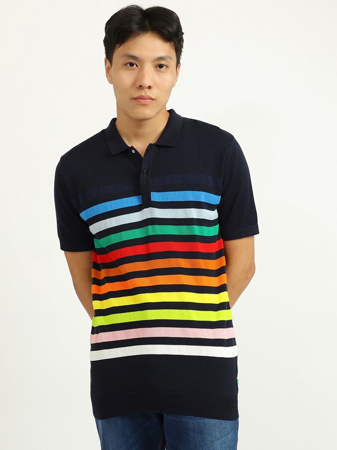

United Colors of Benetton Men Black & Blue Striped Cotton Polo Collar T-shirt