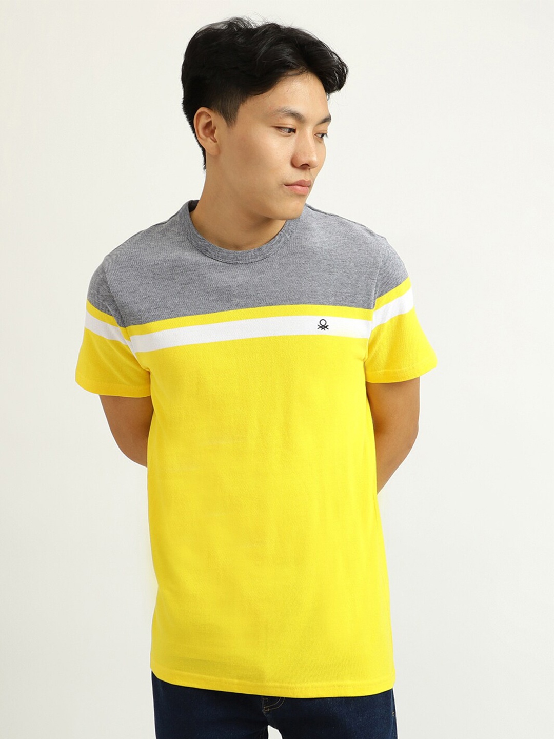 

United Colors of Benetton Men Yellow & Grey Striped T-shirt