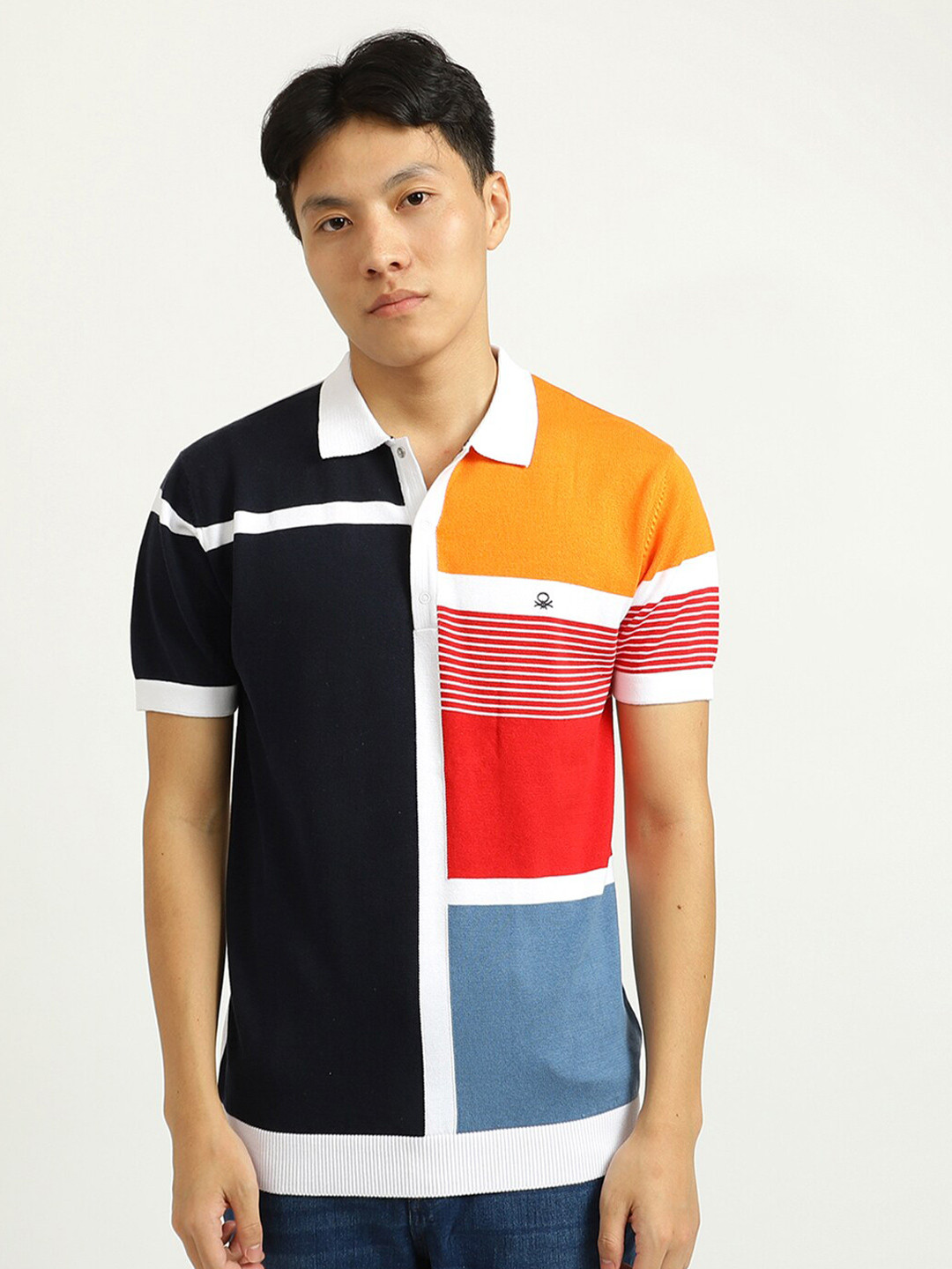 

United Colors of Benetton Men Black & Orange Colourblocked Polo Collar T-shirt