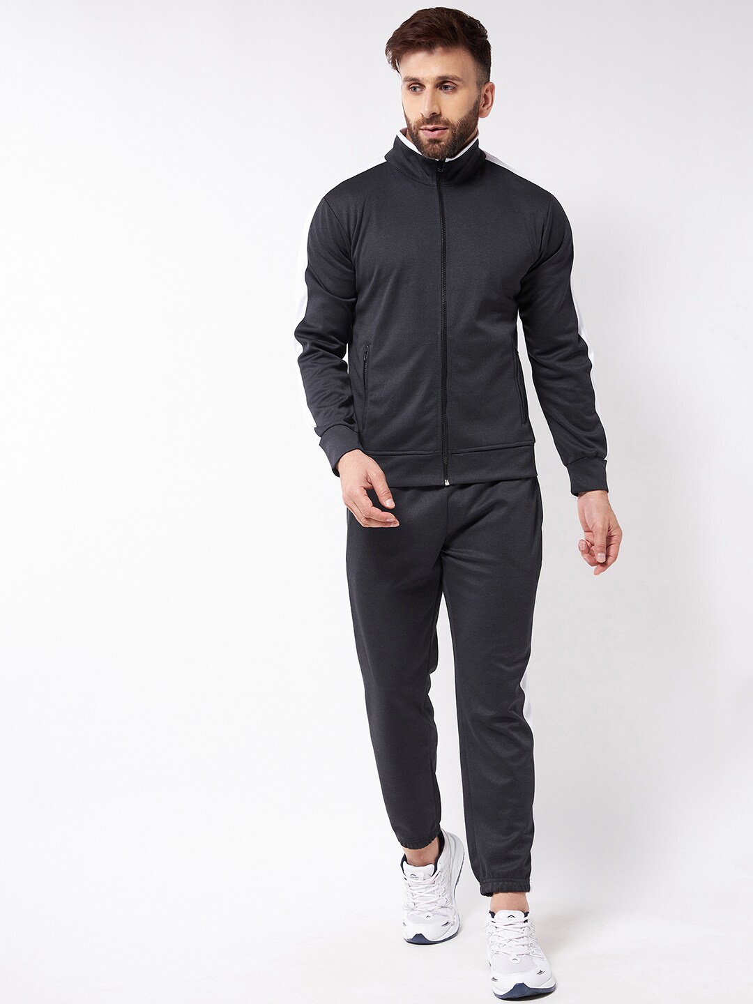 

GRITSTONES Men Black Solid Mock Collar Track Suit