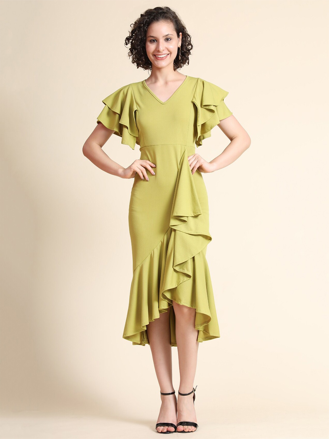 

WESTHOOD Women Olive Ruffle Wrap Dress