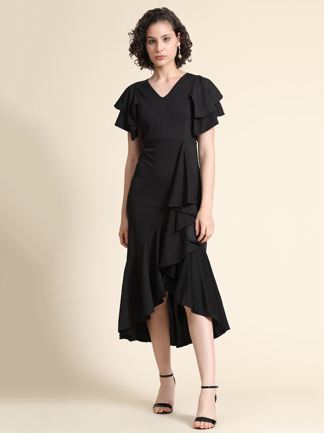 

WESTHOOD Black Bodycon Ruffled High-low Dress