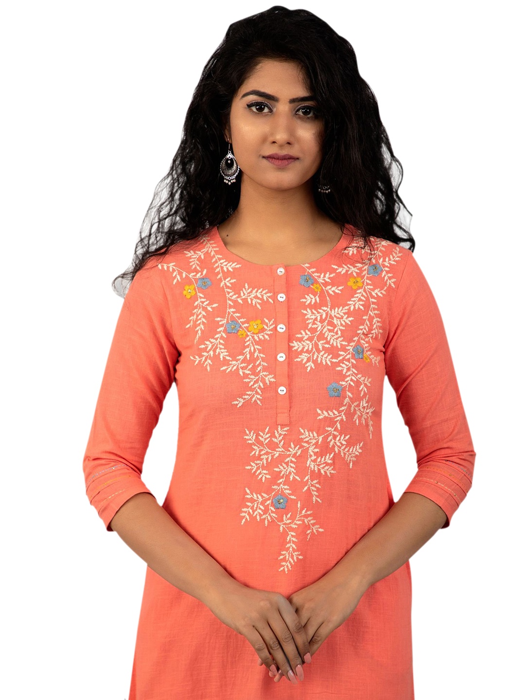 

SUTI Women Peach Floral Yoke Design Thread Work Kurta