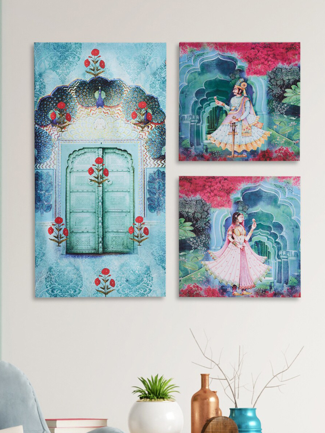 

Home Centre Pack Of 3 Blue & Pink Digital Printed Canvas Picture Photo Frame