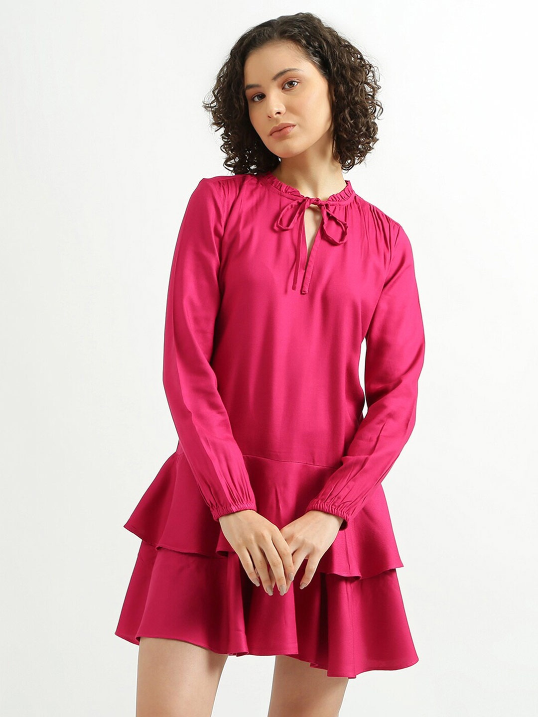 

United Colors of Benetton Magenta Tie-Up Neck A-Line Dress
