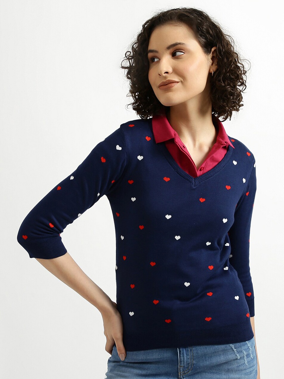 

United Colors of Benetton Women Navy Blue & Red Printed Pullover