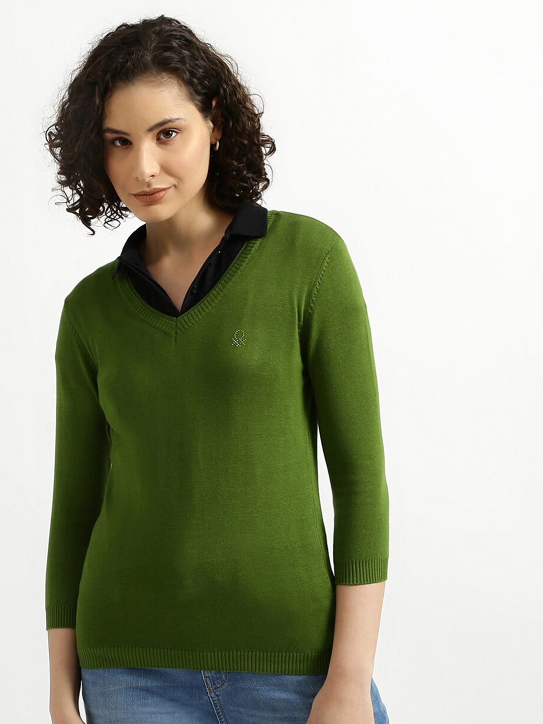 

United Colors of Benetton Women Green Cotton V-Neck Pullover