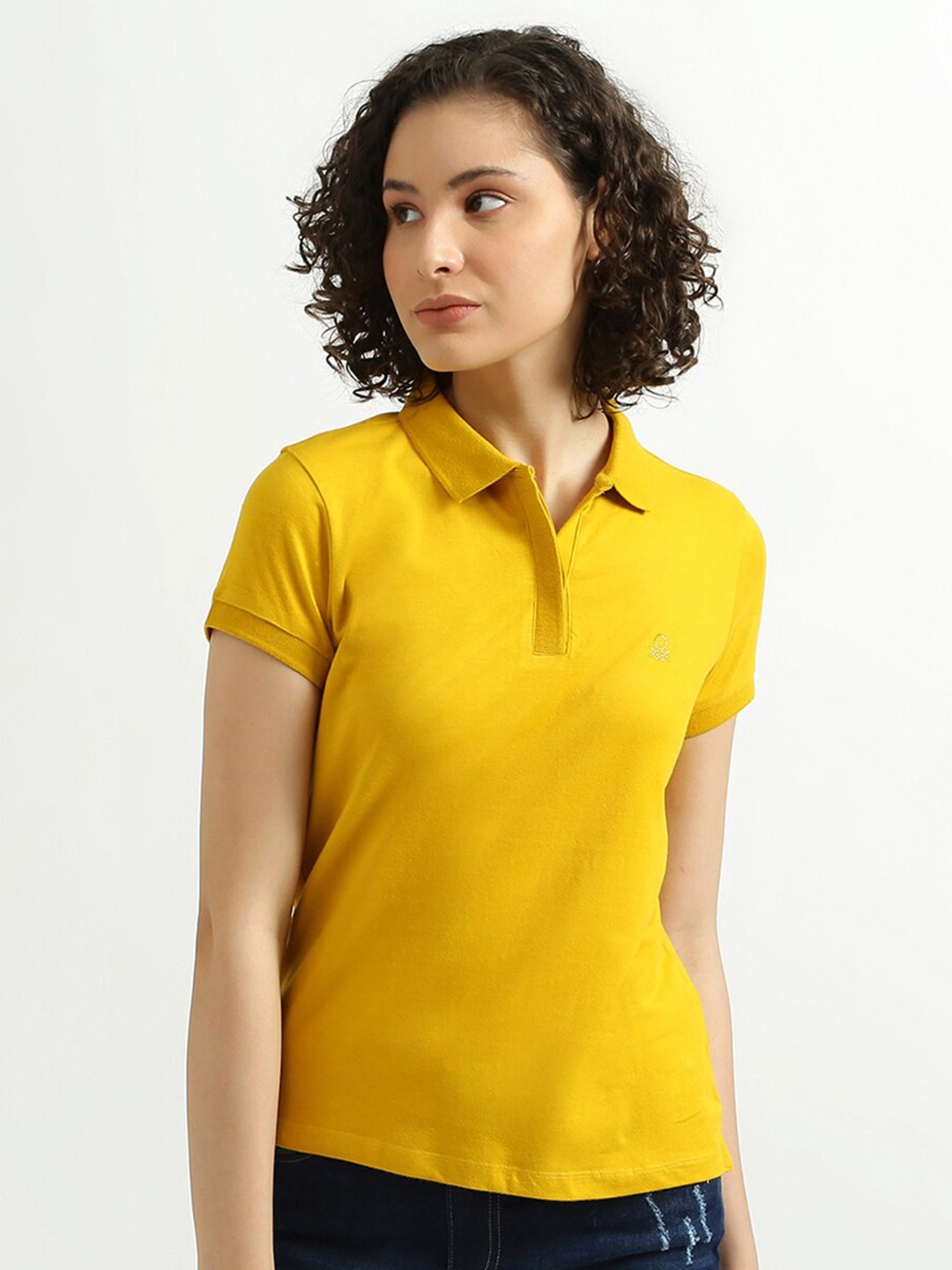 

United Colors of Benetton Women Yellow Polo Collar Raw Edge T-shirt
