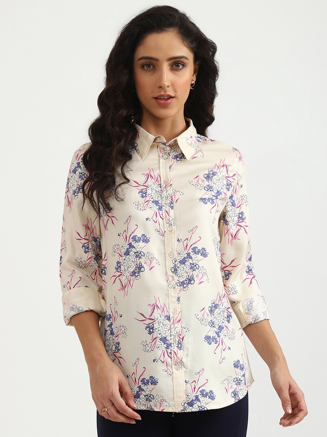 

United Colors of Benetton Women Cream-Coloured Floral Printed Casual Shirt