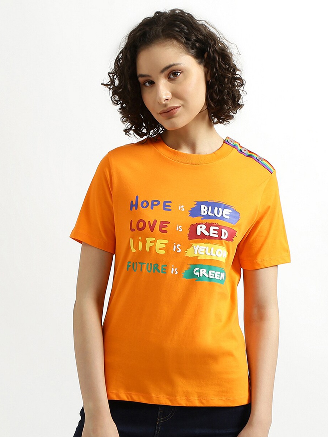 

United Colors of Benetton Women Orange & Blue Typography Printed Cotton T-shirt