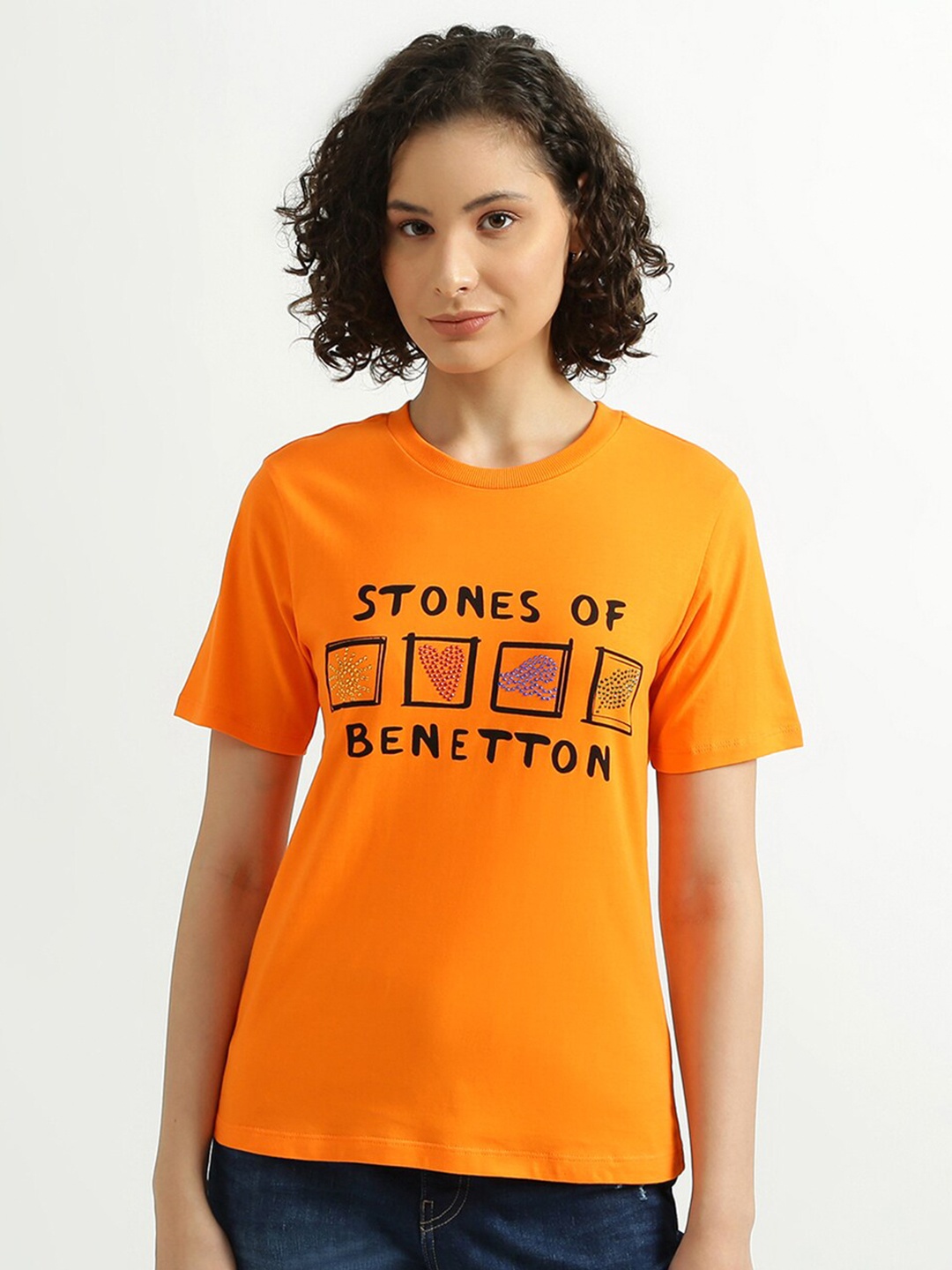 

United Colors of Benetton Women Orange Typography Printed Cotton T-shirt