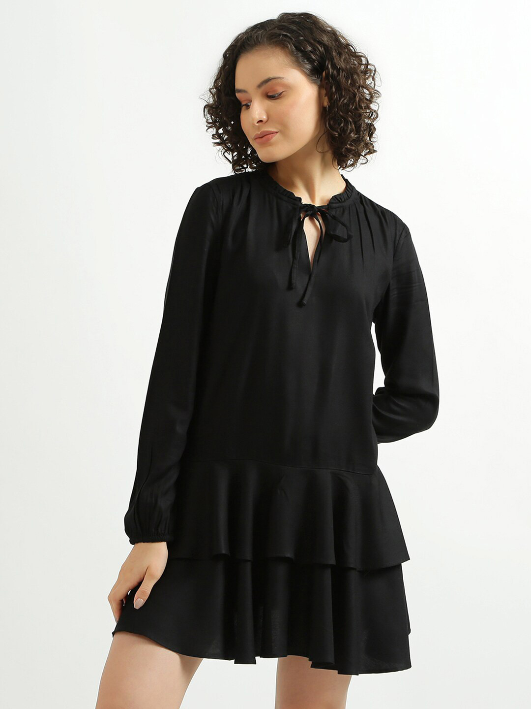 

United Colors of Benetton Black Tie-Up Neck Drop-Waist Dress