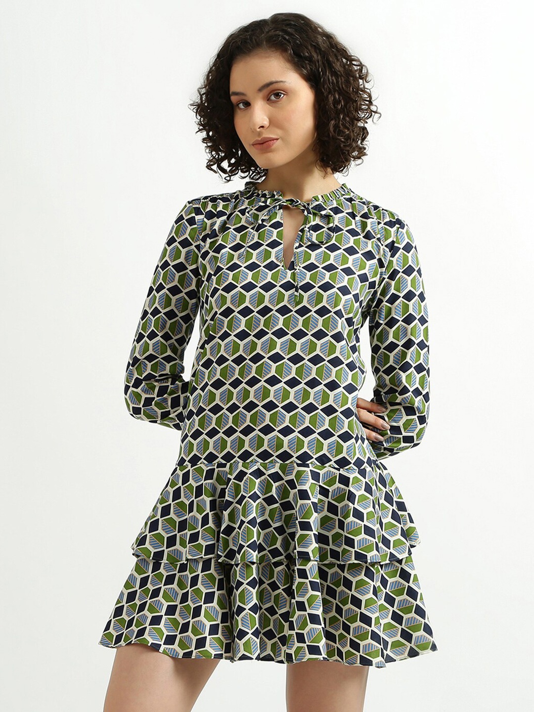 

United Colors of Benetton Green & Navy Blue Tie-Up Neck Layered Drop-Waist Dress
