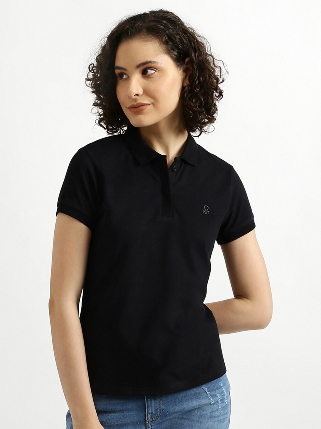 

United Colors of Benetton Women Black Polo Collar T-shirt