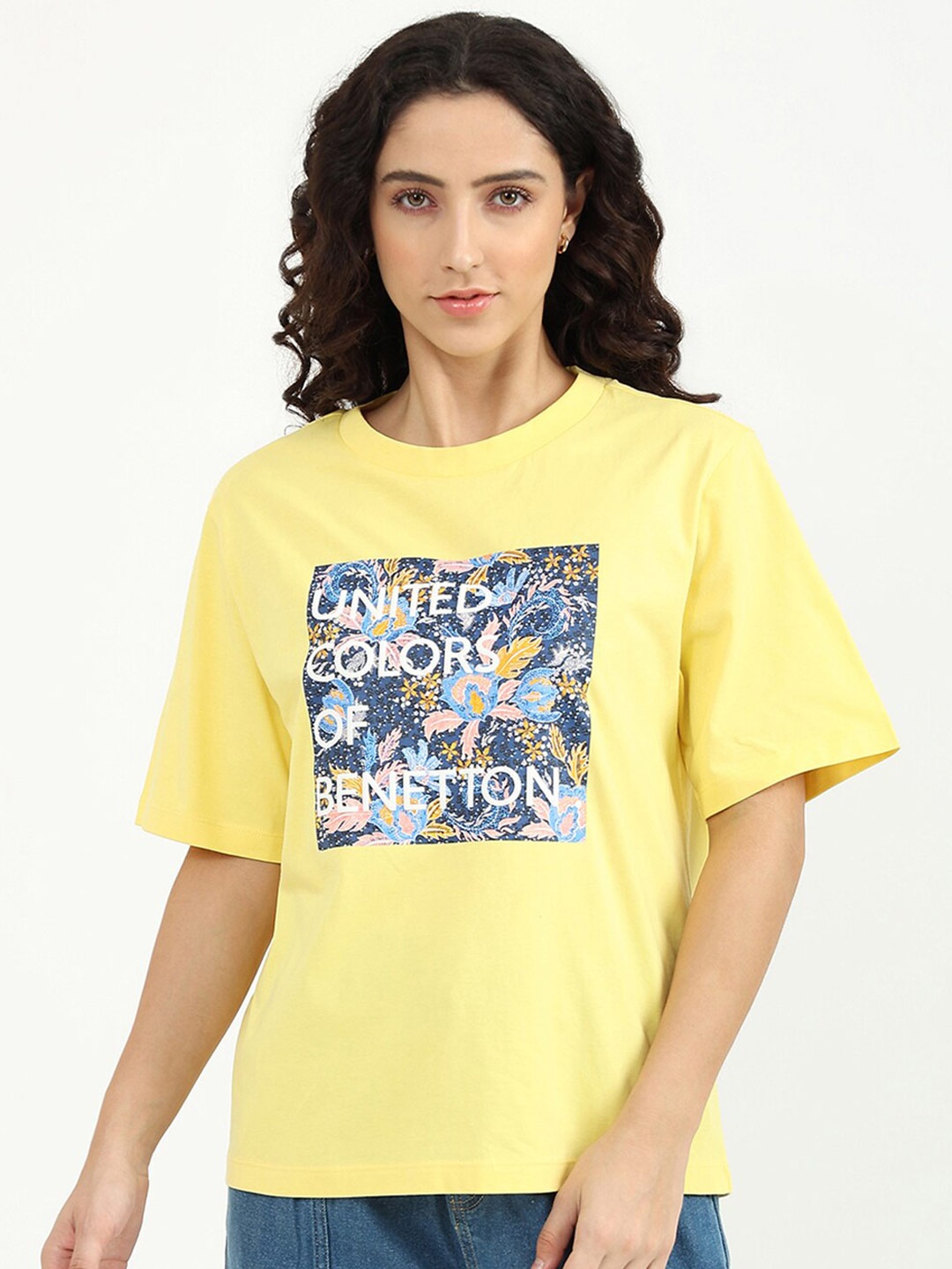 

United Colors of Benetton Women Yellow Floral Printed Drop-Shoulder Sleeves Applique T-shirt