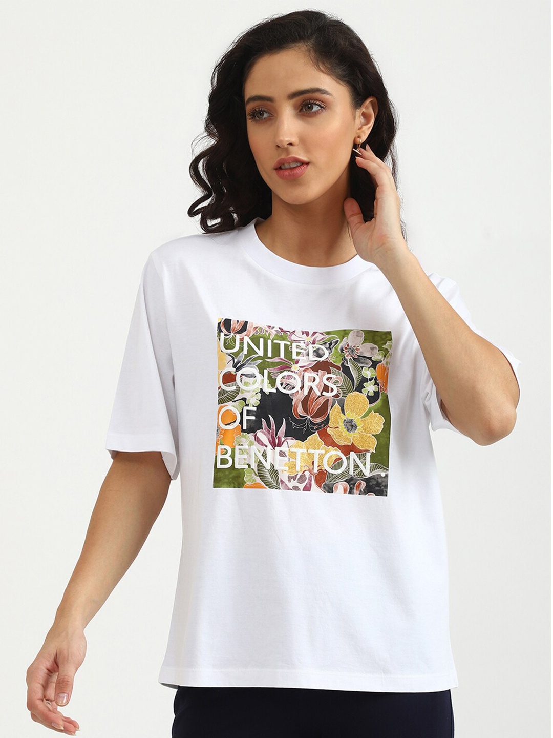 

United Colors of Benetton Women White Printed Cotton T-shirt