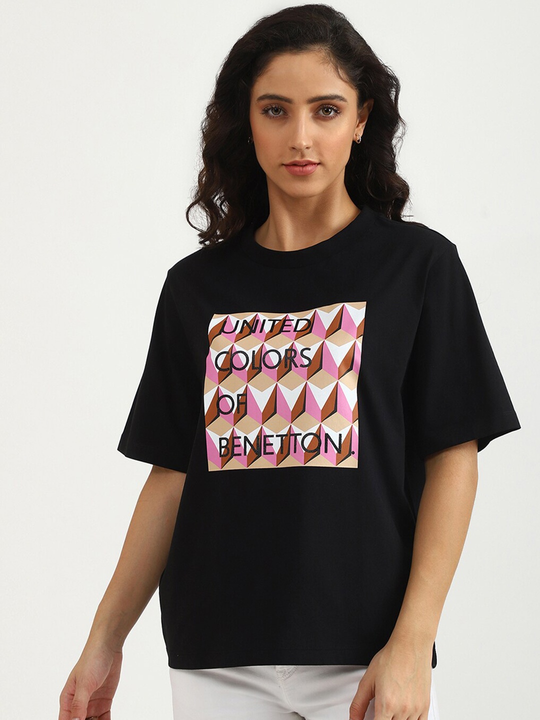 

United Colors of Benetton Women Black Typography Printed T-shirt