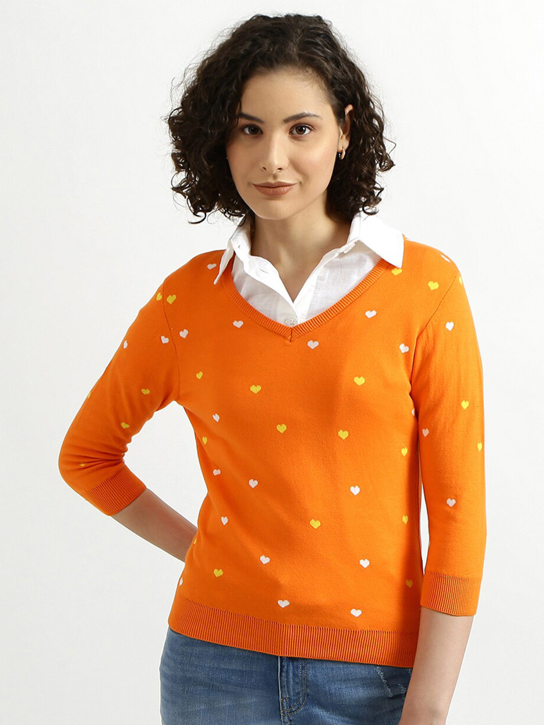 

United Colors of Benetton Women Orange & White Printed Pullover Sweater