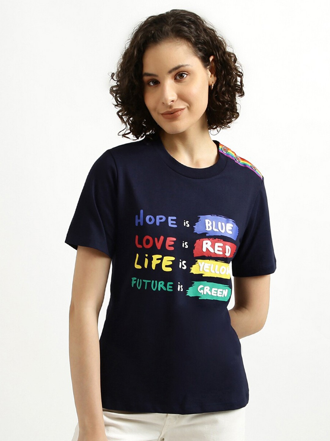 

United Colors of Benetton Women Navy Blue Typography Printed T-shirt