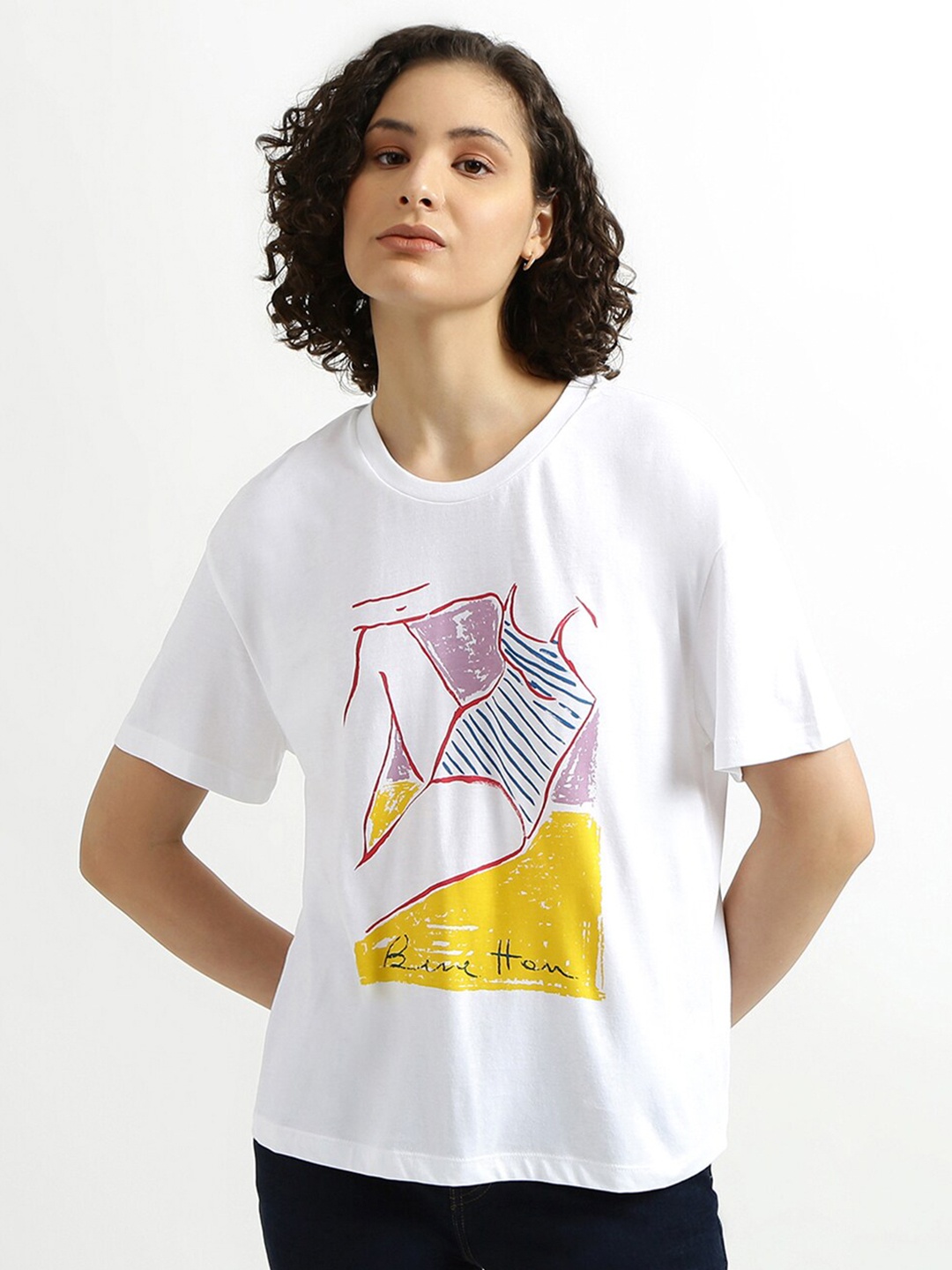 

United Colors of Benetton Women White Printed Drop-Shoulder Sleeves T-shirt