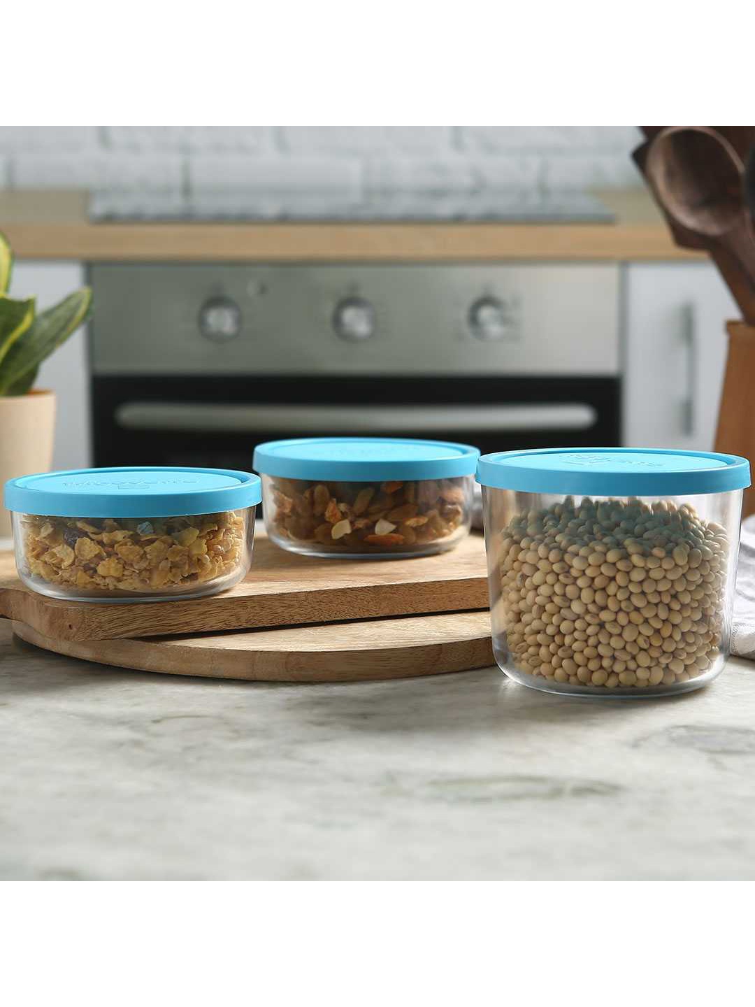 

Wonderchef Transparent & Blue Round Set Of 3 Pcs Glass Container Set
