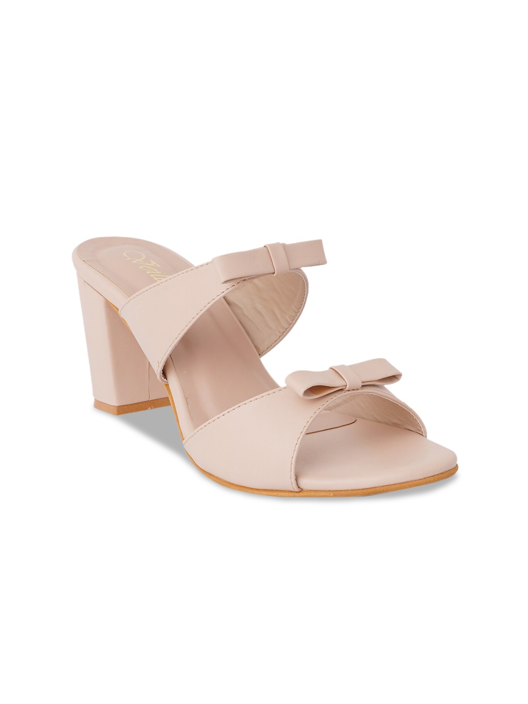 

VEILLE Cream-Coloured Bows Embellished Peep Toes Block Heels