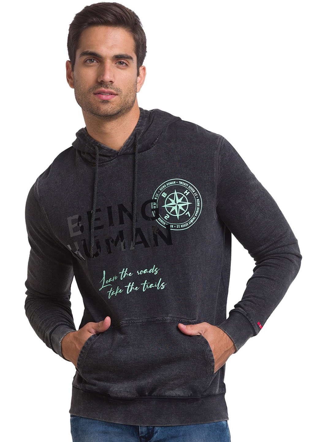 

Being Human Men Charcoal Printed Hooded Pure Cotton Sweatshirt